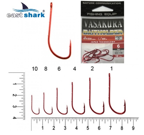 Крючки NEW EastShark Vasakura BAITHOLDER RED № 8 красный (уп/10 шт)